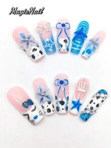 10 Móng giả dán thủ công, dài 33mm, hình dáng quan tài, màu hồng dưỡng ẩm, màu trắng, màu xanh dương, hoa trắng nổi 3D, nơ dây mảnh, họa tiết ngôi sao năm cánh nổi, nơ họa tiết mèo hoạt hình vẽ tay, chấm đen. Móng giả dễ thương, móng giả mùa xuân. - Nhiều màu - Xem 2