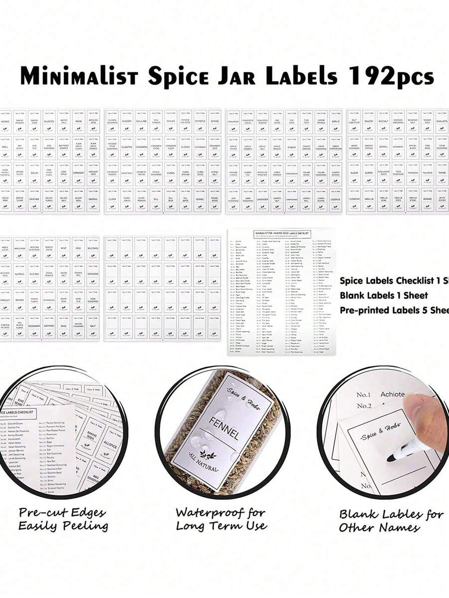 192pcs Kitchen Food Labels Set, Spice Jar Labels, Glass Bottle Stickers, White Food Classification Stickers (Bottles Not Included) - A - View 1