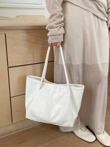 简约女士托特包，时尚柔软皮革撞色手提包，多功能单肩包，通勤必备 - 白色 - 查看 3