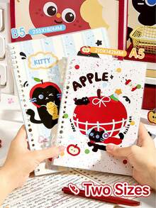 Loose-Leaf Notebook, Student Use, Notepad, Lined Inner Pages, Cartoon Apple And Cat Design, Detachable Pages, Perfect For Back-To-School Season. - Multicolor - View 3