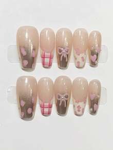 10pcs Pure Handmade Press On Nails Long Nails Coffin Nails A Nude Base, Hand-Painted Rose Gold And Cream French Style, With Hearts, Stripes And Leopard Patterns, Along With Pearl Accents. Sweet And Cool Elements Blend Together, Presenting A Regal Look.Gentle Elegant Cute Nails For Ladies And Girls Spring Summer Fall Winter Festivals Parties And Daily Life Use - Multicolor - View 1