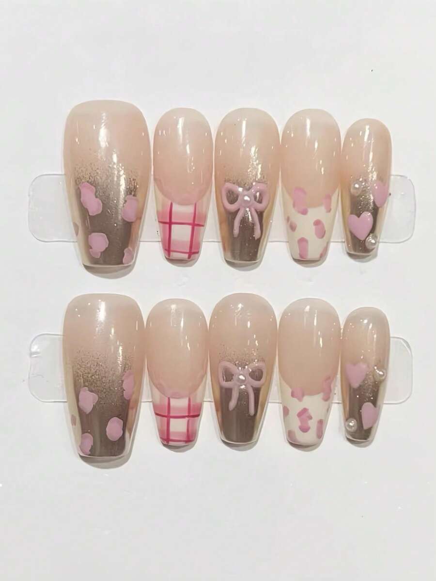 10pcs Pure Handmade Press On Nails Long Nails Coffin Nails A Nude Base, Hand-Painted Rose Gold And Cream French Style, With Hearts, Stripes And Leopard Patterns, Along With Pearl Accents. Sweet And Cool Elements Blend Together, Presenting A Regal Look.Gentle Elegant Cute Nails For Ladies And Girls Spring Summer Fall Winter Festivals Parties And Daily Life Use - Multicolor - View 1