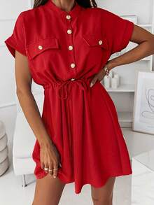 Elegant Women's Solid Color Casual Shirt Dress For Spring & Summer, Button Round Neck Short Sleeved Dress, Drawstring Waist Design, Fake Pocket Decoration, Dress For Daily/ Office/ Formal Occasions - Red - View 1