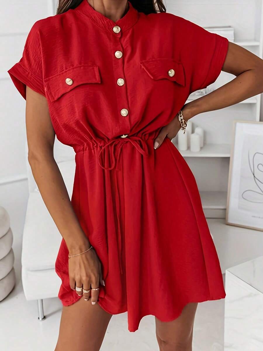 Elegant Women's Solid Color Casual Shirt Dress For Spring & Summer, Button Round Neck Short Sleeved Dress, Drawstring Waist Design, Fake Pocket Decoration, Dress For Daily/ Office/ Formal Occasions - Red - View 1