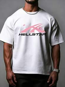 Hellstars Pink Abstract Logo Y2K Graphic T-Shirt,220g 100% Cotton,Round Neck Short Sleeve,White Streetwear Essential For Summer Going Out,Unisex Style - 白色 - 查看 1