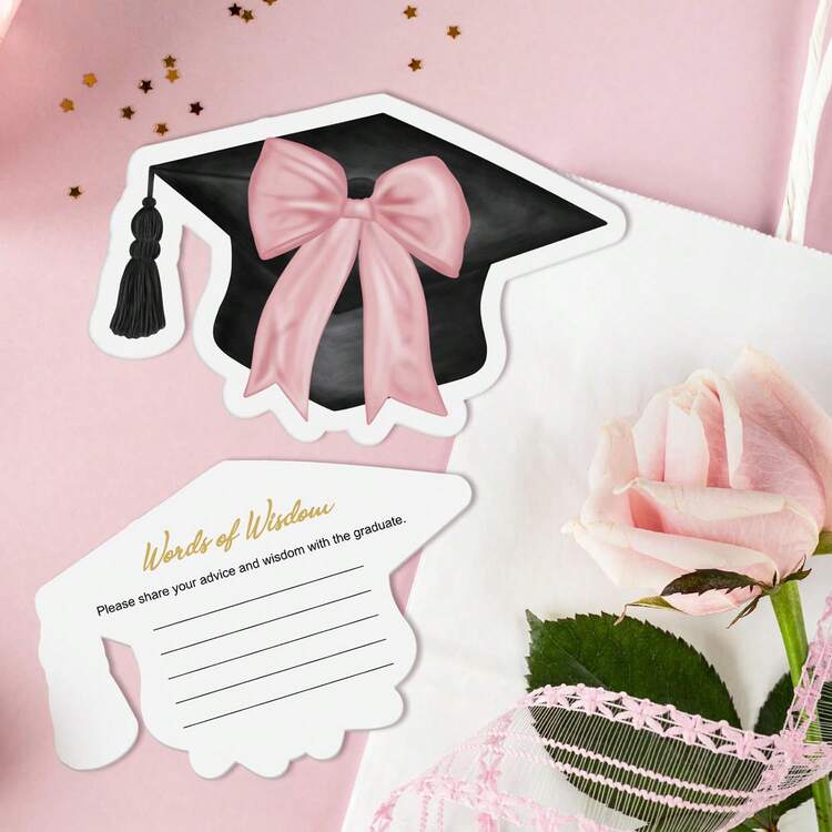 10/30张毕业帽创意卡片（2026款），高中或大学毕业派对祝贺装饰品（粉色蝴蝶结） - A - 查看 3