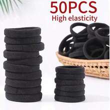 50pcs Black Simple Plain Color Elastic Hair Tie, 50pcs Summer Daily Black Elastic Hair Accessory For Women, Minimalist Ponytail Holder, Hairstyles Ideas, Rubber Band, Hair Accessories Set - 50PCS Black - View 11