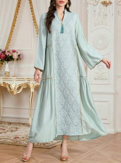 女士V领撞色滚边装饰，流苏细节，提花拼接，优雅长袖阿拉伯风情休闲连衣裙，适合日常、居家、度假等场合，柔软舒适。