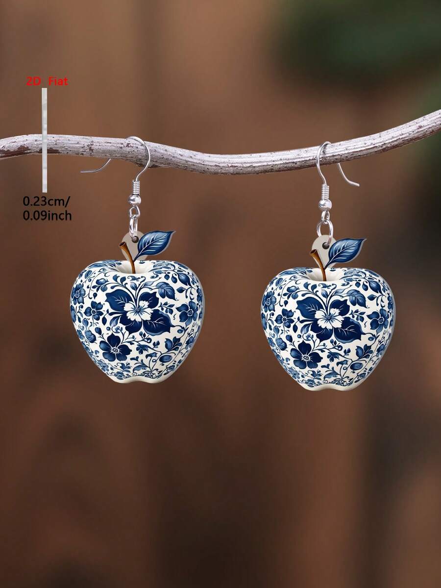 一对2D平面蓝白瓷苹果造型亚克力耳坠，优雅简约风格，适合女性日常及节日佩戴。 - 淺藍色 - 查看 1
