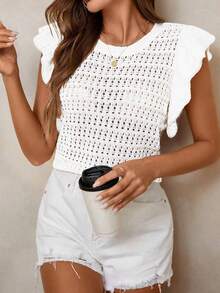 Blusa de mujer de punto a rayas sin mangas, blusa ligera de cuello redondo con volante en el bajo de manga corta en color blanco - Blanco - Ver 6