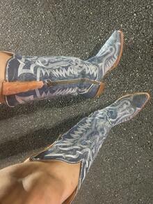 Women's Cowboy Boots Blue Boots Knee High Cowgirl Boots Low-Heel Side Zippers Chunky Heel Pull On Shoes Western Country Embroidery Style Festival Shoes Country Concert Combat Boots For Women Sexy Fashion Coastal Cowgirl Winter Fall Boots For Women - quần jean xanh - Xem 2