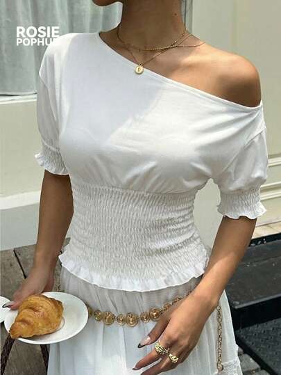 ROSIE POPHUB Women's White Ruffle Edge Cinched Waist Short Sleeve T-Shirt, Versatile Multi-Wear Top For Daily Preppy Office Elegant Outfits Summer New Arrival