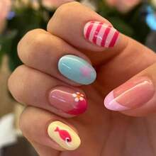 24pcs Oval Short Spring/Summer Press-On Nails, Cute Striped Fish, Flower, Star French Manicure Fake Nails With Bright Colors, Suitable For Beach, Party, Gathering And Daily Decoration - Multicolor - View 7