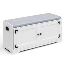 2-Tier Shoe Storage Bench, 39.4" W Shoe Bench With Padded Seat Cushion, Entryway Bench With Handles, 2 Doors, Adjustable Shelf For Living Room, Bedroom, Front Door, Hallway, Closet - White - White - View 8