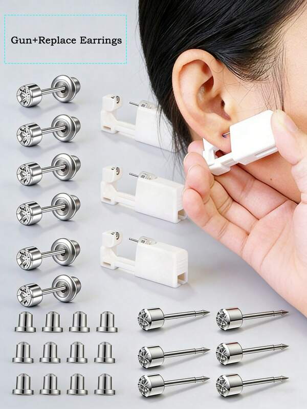 Juego de 5-17 piezas de pistola desechable para perforación de orejas, pendientes de plata de 3mm, herramienta de perforación de orejas para el hogar con pendientes de repuesto