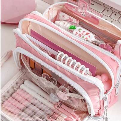 1 pieza Estuche para lápices de gran capacidad con estilo de macaron, bolsa de almacenamiento de papelería portátil con estilo INS, diseño de 3 capas con ventana transparente, bolsa cosmética multifuncional para uso diario, estuche de papelería esencial ideal para volver a la escuela para estudiantes y jóvenes trabajadores de oficina