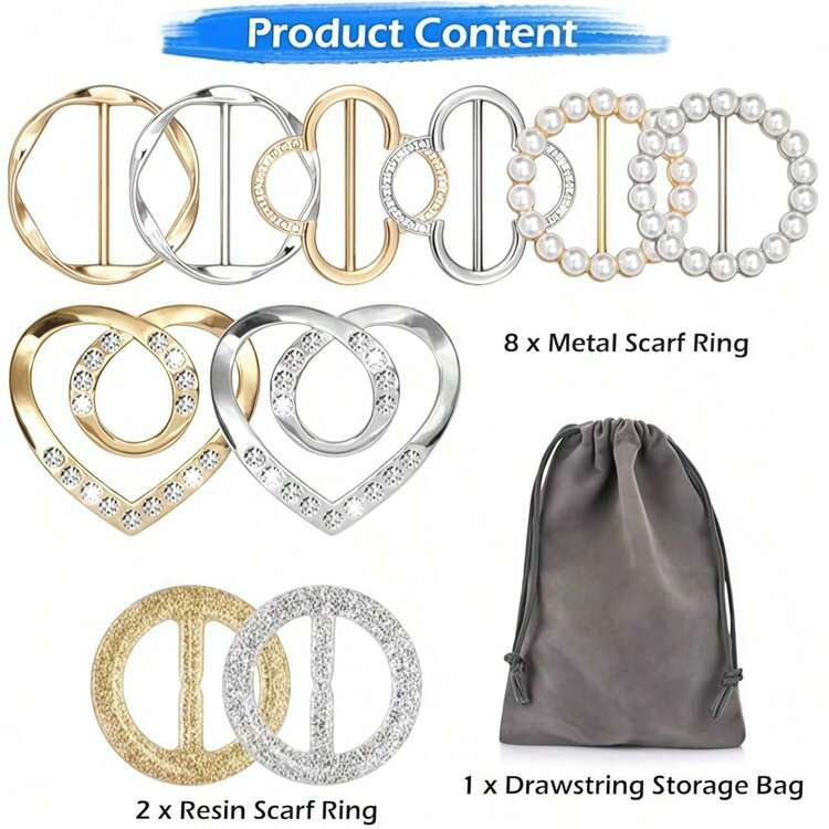 10 piezas Anillos para bufandas de mujer, Broches para atar camisetas con 1 bolsa de almacenamiento, Hebilla de cinturón con perlas, Broches para vestidos, Anillos para bufandas de seda, Decoraciones para ropa, sombreros y cinturones con forma de corazón de perlas, para playa y vacaciones - Multicolor - Añade 7