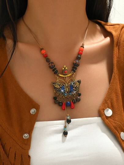 1件优雅性感波西米亚蝴蝶吊坠流苏长项链