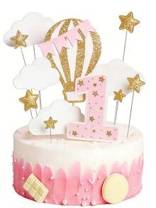 12 pièces Ensemble de décorations en papier pour gâteau de 1er anniversaire, comprenant fanions, étoiles, nuages, montgolfières, chiffre 1, couleur rose, convient pour baby shower et fête d'anniversaire - A - Voir 7