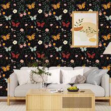 1卷复古主题植物蝴蝶壁纸，时尚植物蝴蝶印花壁纸，精致室内装饰膜，适用于房间橱柜等各种房间的装饰翻新。 - 植物 - 查看 3