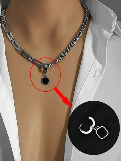 不锈钢项链，简约百搭黑色方形链，时尚男士个性化项链