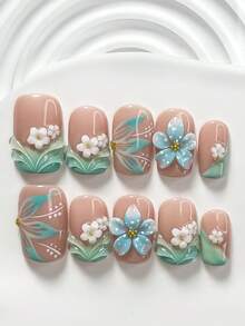 10件套森林乡村风凝胶美甲套装，包含亚克力美甲贴纸、手工蓝色波点五瓣花美甲装饰、白色不对称山茶花、手绘蓝色镂空花卉、纯色水波纹美甲装饰、蓝绿色指甲油，甜美仙女风，内含美甲工具（1张果冻贴纸+1个指甲锉），三种尺寸可选：方形、短方形、杏仁形 - 彩色 - 查看 18