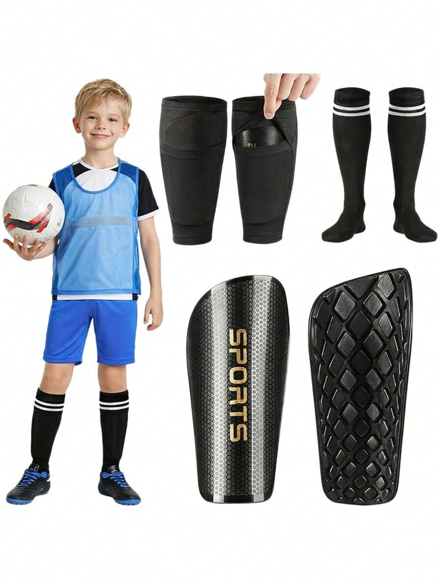 Children's Football Shin Guard Set, Includes Shin Guard Pads, Shin Guard Sleeves And Long Football Socks, Suitable For 3-12 Years, First Day Of School - Multicolor - View 1