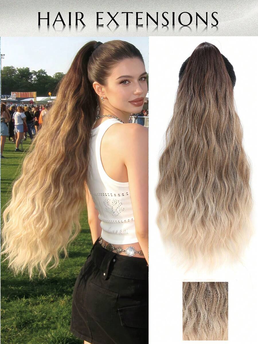 WaveTrip 32-Inch Long Black Water Wave Ponytail Hair Extension, Heat Resistant Synthetic Fiber, Suitable For Women And Girls For Party And Daily Use - Brown Ombre - View 1