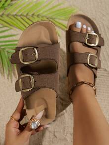 Sandalias planas cómodas con hebilla de metal hueco para mujer, adecuadas para verano, vacaciones en la playa, temporada de graduación, pantuflas para el hogar, zapatos para primavera y Pascua, nuevos zapatos casuales con suela de corcho suave, regalo para el Día de la Madre - Café integral - Ver 4