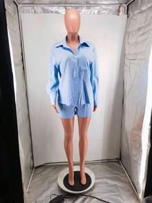 European And American Women's Clothing, New, Casual Short Trousers, Long-Sleeved Shirt Set.,Conjunto De Mujeres Elegantes - 淺藍色 - 查看 5
