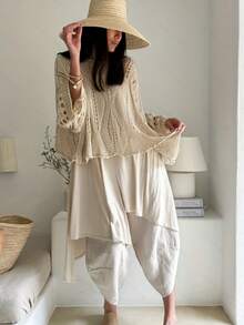 大码时尚宽松镂空高端女式七分袖针织衫，露肩设计，度假完美之选，面料柔软舒适，休闲百搭的夏季单品 - 杏色 - 查看 5