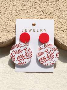 1 Pair Women's Leaf & Floral Print Red Ceramic Texture Elegant Round Acrylic Earrings - Multicolor - View 1