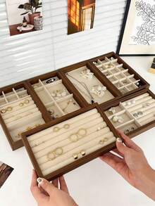 6/1pcs Wooden Velvet Jewelry Tray, Jewelry Storage & Display Tray, Drawer-Style Earring Storage Box, Stackable Jewelry Storage Tray, Multi-Functional Jewelry Display Tray, Portable Multi-Purpose Storage Box, Desk Drawer Organizer - Multicolor - View 5