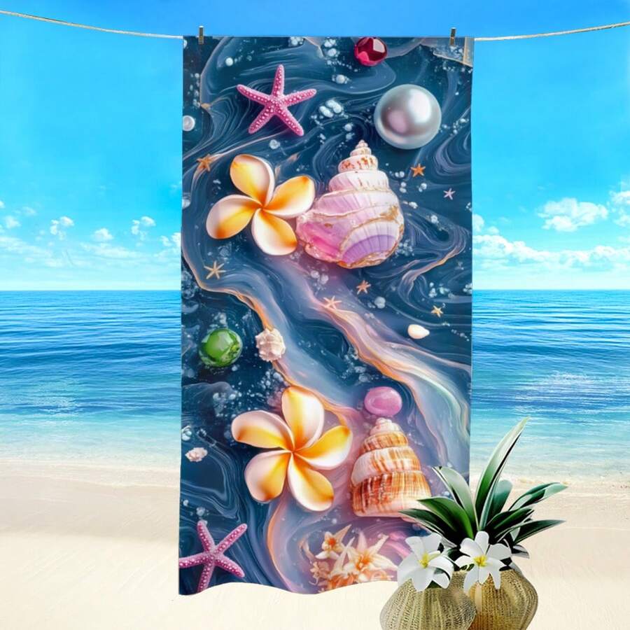1pc Marble, Starfish, Shell & Flower Pattern Printed Beach Towel, Super Absorbent Quick Dry Towel For Swimming, Soft & Lightweight Beach Blanket, Ideal Beach Essential For Beach, Swimming, Outdoor, Camping, Travel - B - View 1
