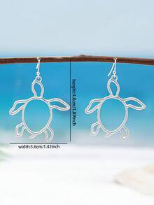1 par de pendientes colgantes de tortuga marina hueca plateada para mujer - Pendientes de tortuga marina estilo océano de verano - Joyería bohemia de playa - Pendientes de tortuga calados de plata - Ver 4