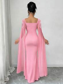 女士方领修身优雅刺绣连衣裙，适合婚礼派对，粉色，春季款 - 粉色 - 查看 2
