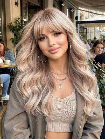 Gradient Color 20-Inch Long Curly Wig With Bangs, Elegant & Fashionable Wig For Women, Synthetic Heat-Resistant Machine-Made Wig, Suitable For Daily & Festival Wear, Ideal Holiday Gift For Girls