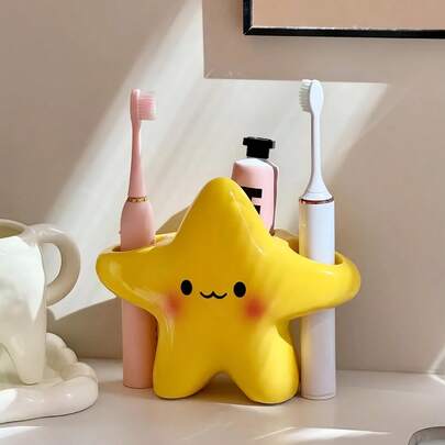 1pc INS Style Star & Smiling Face Toothbrush Holder, Cute Cartoon Bathroom Countertop Toothbrush & Toothpaste Storage Rack, Stylish