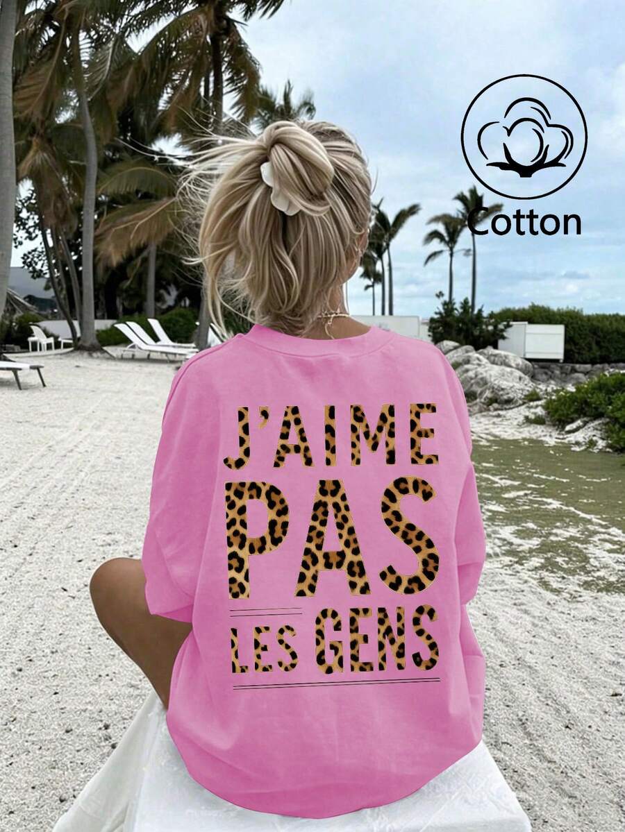 「J'AIME PAS LES GENS」豹紋字母印花，女式寬鬆T卹，夏季上衣，K-Pop戰士系列，純棉上衣，女裝服飾，女式夏裝，針織服飾，派對裝束，大碼女裝，大碼女式圓領寬鬆上衣，閨蜜裝，度假服飾，休閒運動裝，優雅上衣，女士運動裝,頂部女裝，促銷女裝，男女同款，青少年裝、基本款T卹，夏季女裝，柔軟舒適，Y2K風格,夏季、情人節、狂歡節、聚會、海灘、婚禮、外出活動、優雅、度假、休閒、奢華、千禧年、亮片、豹紋、圓點圖案、圖形、花卉、迷彩 - 粉色 - 查看 1