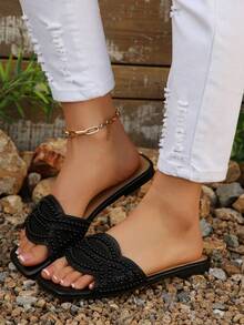 Sandal đế bằng mũi vuông đính pha lê kiểu Pháp mới năm 2025, thanh lịch, phù hợp với váy, mùa xuân/hè/thu. - màu đen - Xem 4