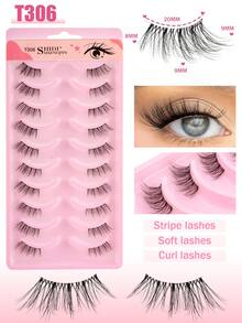 SHIDISHANGPIN 10对透明杆假睫毛，3D手工仿貂毛半眼睫毛，纤细柔软交叉卷翘延长款，适合小眼睛女孩日常及派对妆容 - 黑色 - 查看 7