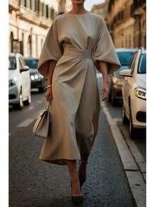 2026 Women S European American Fashion Elegant Solid Color Waist Cinching Bat Sleeve Long Dress Casual Party Work Office Dresses - 卡其色 - 查看 12