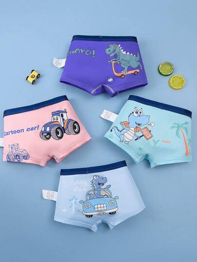 4pcs Boys' Comfortable Breathable Underwear, Cartoon Dinosaur & Car Print, For Kids & Toddlers