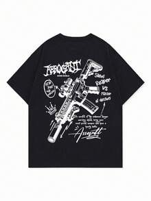 男士休闲宽松版型枪支和英文印花圆领短袖T恤 | 精致设计 | 夏季必备 | 易于搭配 - 黑色 - 查看 6