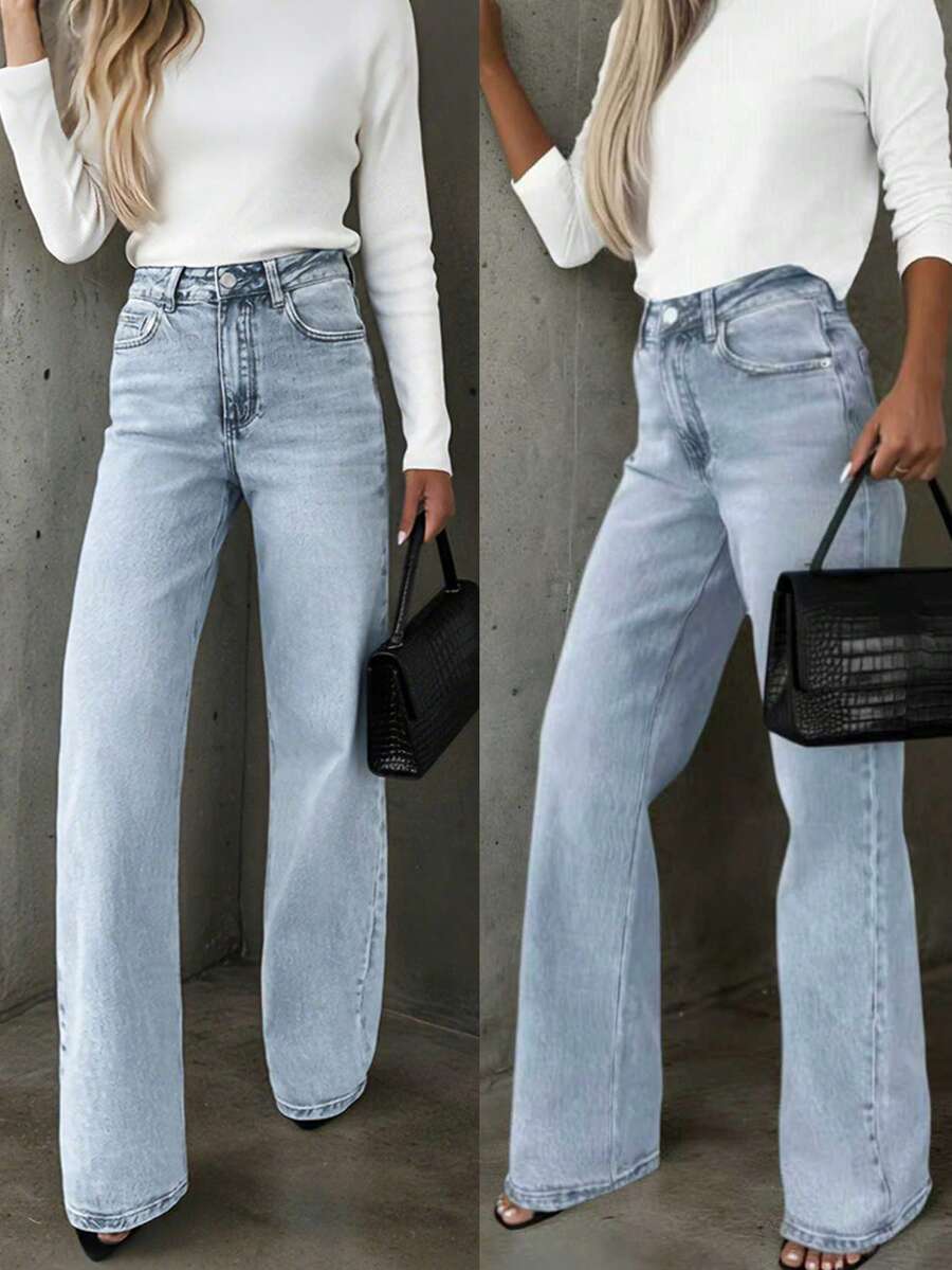 Women's Casual Versatile Straight Leg Jeans With Pockets Spring - Light Wash - View 1