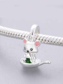 1pc Cute Healing Frying Pan Rice Ball Mouse Bead Pendant, Versatile DIY Bracelet Necklace Gift - Silver - View 2