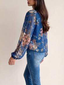 Elegaris Women's Summer New Arrival Multicolor Chiffon Floral Print V-Neck Long Sleeve Retro Elegant Versatile Cardigan Top Vacation Spring Casual - Blue - View 2