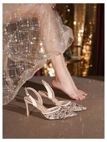 Women's High Heels, Women's High Heel Sandals, Women's Open-Toe Lace Mesh High Heels, Women's Closed-Toe Backless Stiletto Heels, Fairy Style, White, Floral, For Parties. - Champagne - View 5