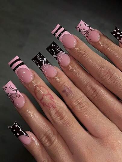 Change Your Nails With This, 24pcs/Set Y2K Cute Style Long Square Full Coverage Press-On Nails, Featuring Pink & Black Striped, Polka Dot, Minimalist Line, Floral Patterns, Ideal For Girls/Women For Daily Wear, Music Festivals, Parties