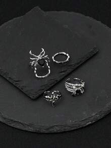 Bộ 4 chiếc nhẫn hình nhện màu đen Gothic cổ điển, đính đá giả, kiểu dáng Gothic cá nhân hóa với họa tiết giọt dầu, hình thánh giá và bướm, dành cho nữ. - Bạc - Xem 2